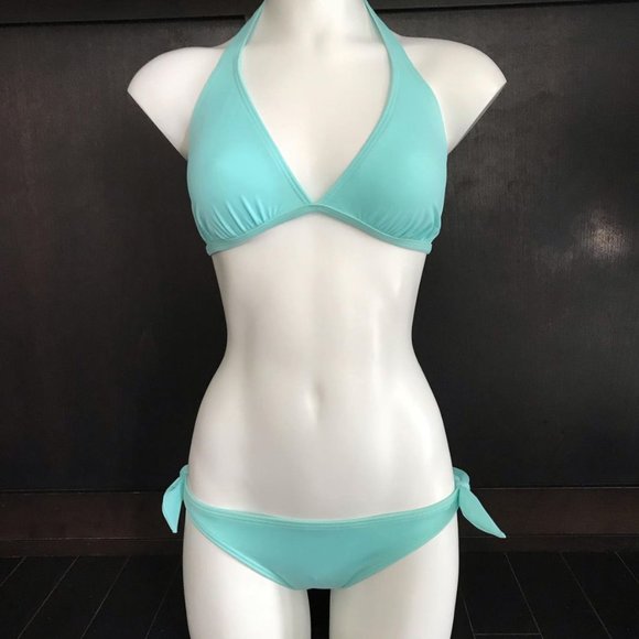 Billabong BLUE CRUSH era Vintage bikini aqua D cup solid halter top set RARE - Picture 2 of 6